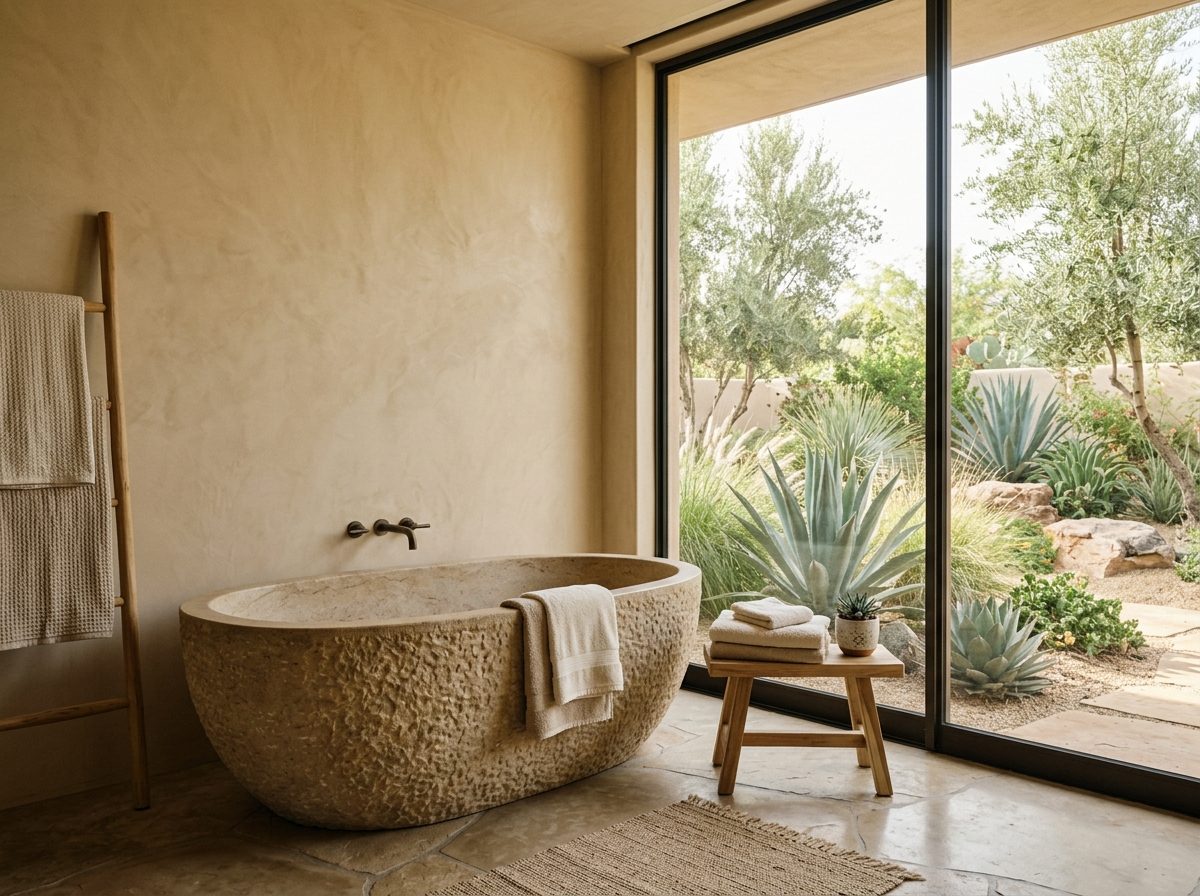 Stone soaking tub facing a desert garden