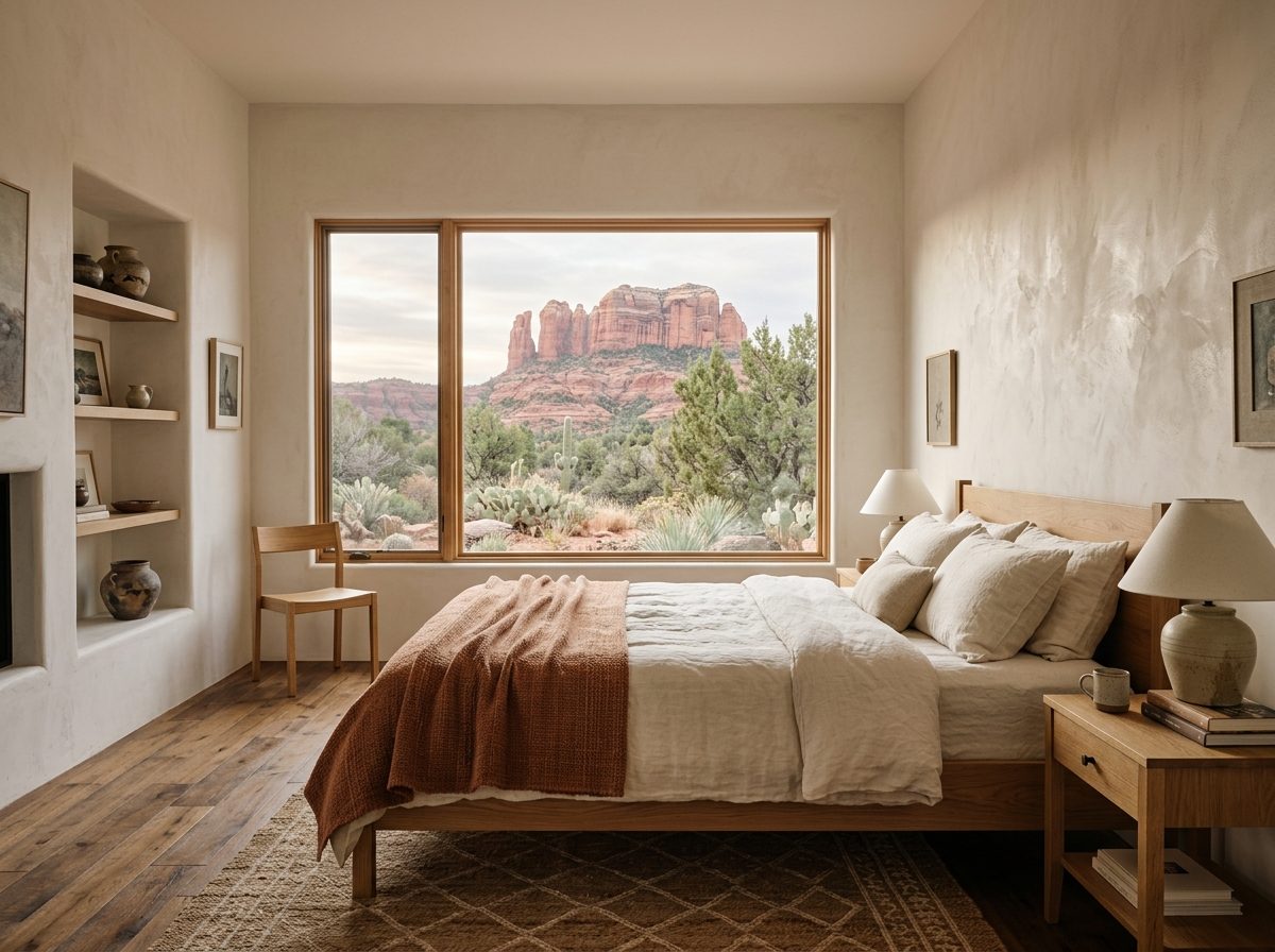 Primary bedroom with a window onto the red rocks