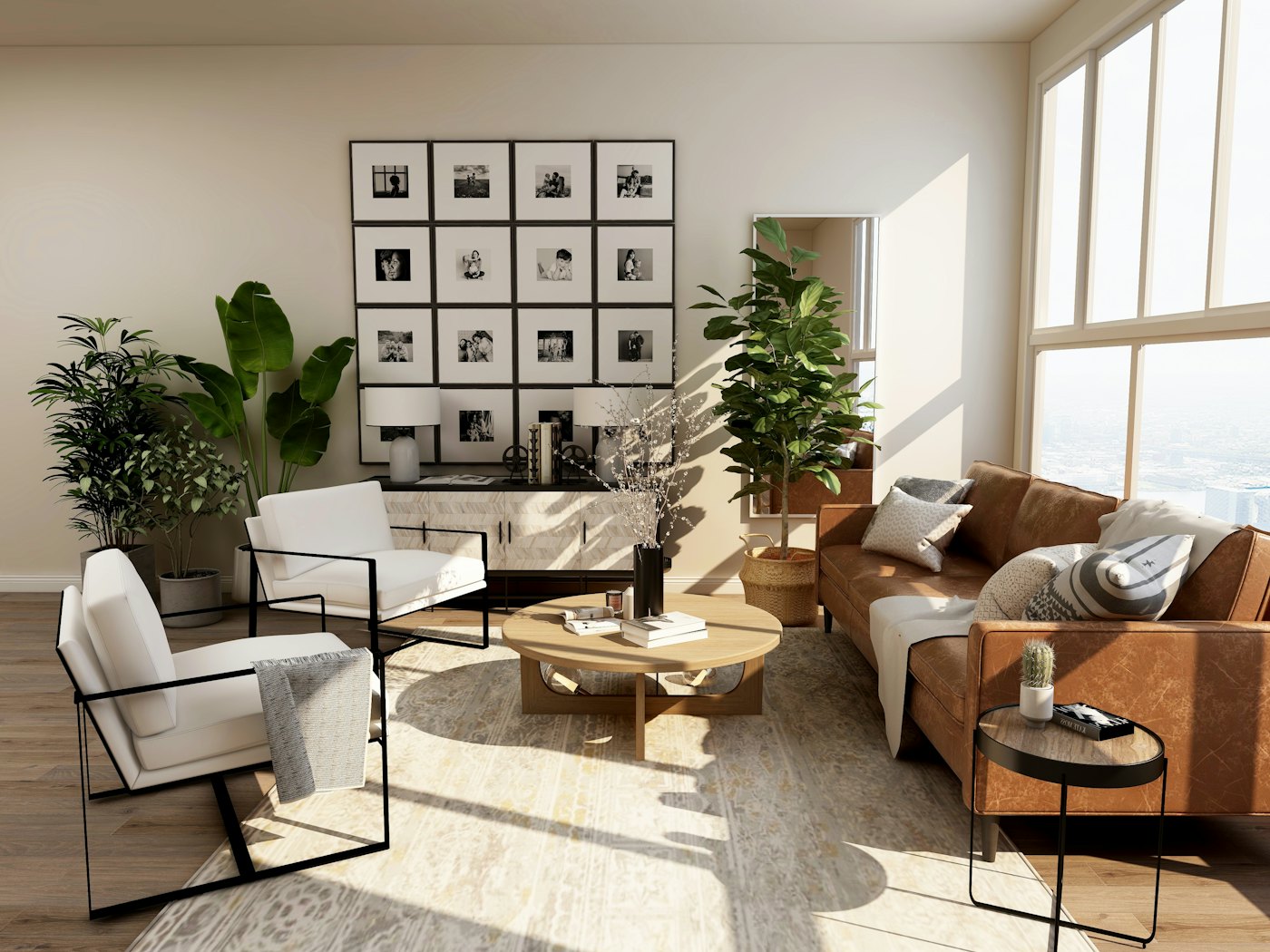 Bright furnished living room with a leather sofa